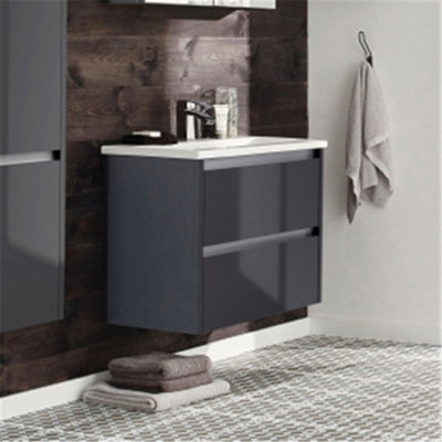 Bathroom 2-Drawer Wall Hung Vanity Unit with Basin 800mm Wide - Storm Grey Gloss - (Urban) - Brassware Not Included