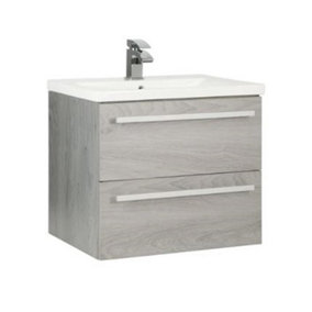 Bathroom 2-Drawer Wall Hung Vanity Unit with Ceramic Basin 600mm Wide - Silver Oak  - Brassware Not Included