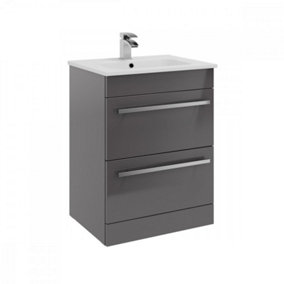 Bathroom 2-Drawer Wall Hung Vanity Unit with Ceramic Basin 600mm Wide - Storm Grey Gloss  - Brassware Not Included