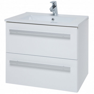Bathroom 2-Drawer Wall Hung Vanity Unit with Ceramic Basin 600mm Wide - White  - Brassware Not Included