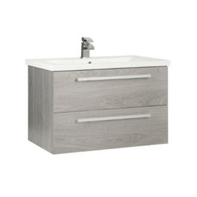 Bathroom 2-Drawer Wall Hung Vanity Unit with Ceramic Basin 800mm Wide - Silver Oak  - Brassware Not Included