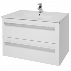 Bathroom 2-Drawer Wall Hung Vanity Unit with Ceramic Basin 800mm Wide - White  - Brassware Not Included