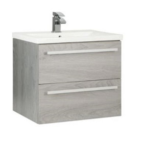 Bathroom 2-Drawer Wall Hung Vanity Unit with Mid Depth Ceramic Basin 600mm Wide - Silver Oak  - Brassware Not Included