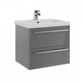 Bathroom 2-Drawer Wall Hung Vanity Unit with Mid Depth Ceramic Basin 600mm Wide - Storm Grey Gloss  - Brassware Not Included