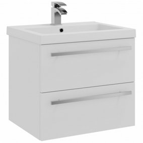 Bathroom 2-Drawer Wall Hung Vanity Unit with Mid Depth Ceramic Basin 600mm Wide - White  - Brassware Not Included
