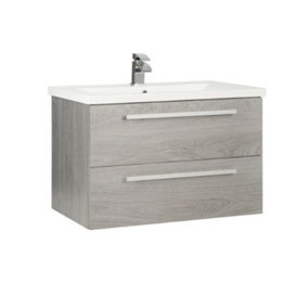 Bathroom 2-Drawer Wall Hung Vanity Unit with Mid Depth Ceramic Basin 800mm Wide - Silver Oak - Brassware Not Included