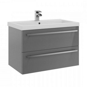 Bathroom 2-Drawer Wall Hung Vanity Unit with Mid Depth Ceramic Basin 800mm Wide - Storm Grey Gloss  - Brassware Not Included