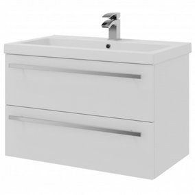 Bathroom 2-Drawer Wall Hung Vanity Unit with Mid Depth Ceramic Basin 800mm Wide - White  - Brassware Not Included