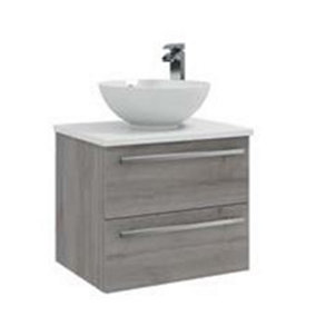 Bathroom 2-Drawer Wall Hung Vanity Unit with Sit-On Basin and Worktop 600mm Wide - Silver Oak  - Brassware Not Included