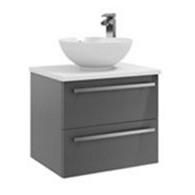 Bathroom 2-Drawer Wall Hung Vanity Unit with Sit-On Basin and Worktop 600mm Wide - Storm Grey Gloss  - Brassware Not Included