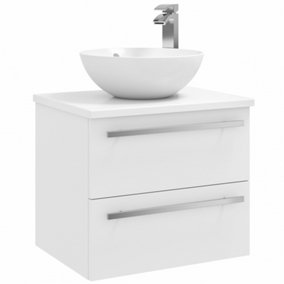 Bathroom 2-Drawer Wall Hung Vanity Unit with Sit-On Basin and Worktop 600mm Wide - White  - Brassware Not Included