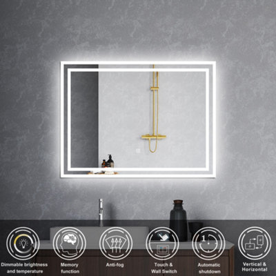 Bathroom 3-Colour LED Mirror 80x60cm with Anti-fog and Memory function ...