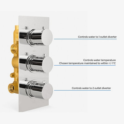 Bathroom 3 Dial 3 Way Concealed Round Thermostatic Shower Mixer Valve Chrome - 3