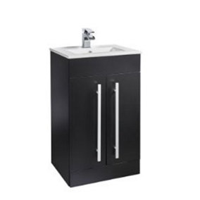 Bathroom 500mm Matt Black 2 Door Unit & Mid Depth Ceramic Basin - (Black Purity) - Brassware Not Included