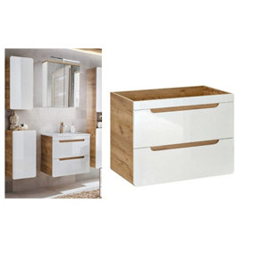 Bathroom 600mm Vanity Sink Unit Wall Cabinet Compact Drawers White Gloss Oak Arub