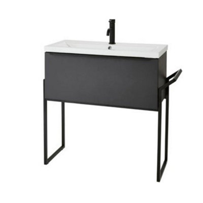 Bathroom 800mm Wall Mounted Drawer Unit, Ceramic Basin & Frame  Matt Dark Grey - (Central) - Brassware Not Included