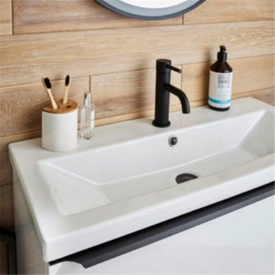 Bathroom 800mm Wall Mounted Drawer Unit, Ceramic Basin & Frame  Matt Dark Grey - (Central) - Brassware Not Included