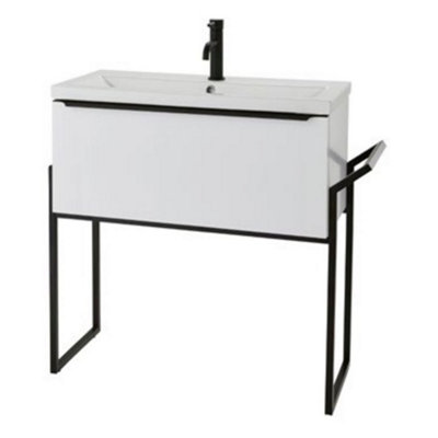 Bathroom 800mm Wall Mounted Drawer Unit, Ceramic Basin & Frame  White Gloss - (Central) - Brassware Not Included