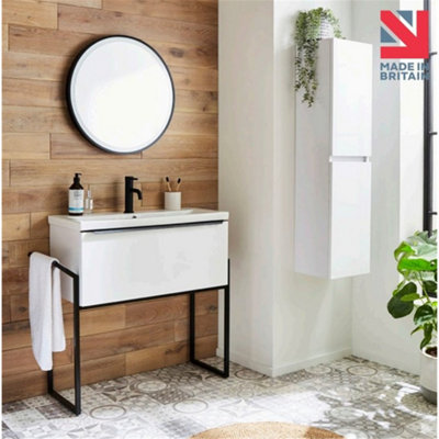 Bathroom 800mm Wall Mounted Drawer Unit, Ceramic Basin & Frame  White Gloss - (Central) - Brassware Not Included