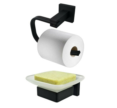 Bathroom Accessory Set Toilet Roll Holder & Soap Holder Black Dish & Holder