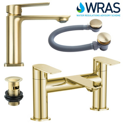 Bathroom Basin Mono Mixer Tap & Bath Filler Set Including Wastes - Brushed Brass