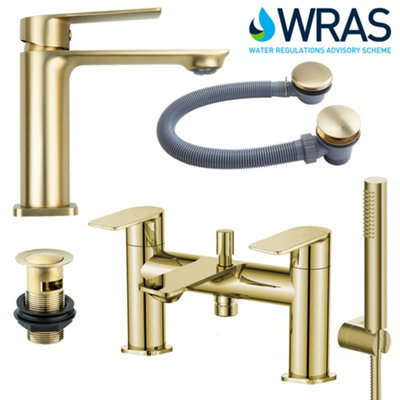 Bathroom Basin Mono Mixer Tap & Bath Shower Mixer Set Including Wastes - Brushed Brass