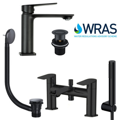 Bathroom Basin Mono Mixer Tap & Bath Shower Mixer Set Including Wastes - Matt Black