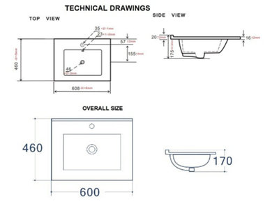 Bathroom Basin Sink White Ceramic 600mm 60cm Inset Single Bowl with Overflow UP