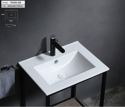 Bathroom Basin Sink White Ceramic 600mm 60cm Inset Single Bowl with Overflow UP