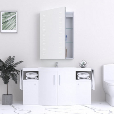 Bathroom Cabinet Wall Mirror - Rectangular 700 x 500mm - LED Light Wall Mirror Cabinet (Dots) - Demister Pad