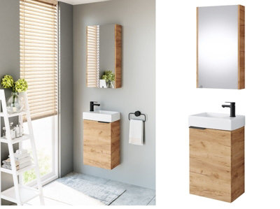 Bathroom Set 400mm Vanity Unit Basin Wall Mirror Oak Effect