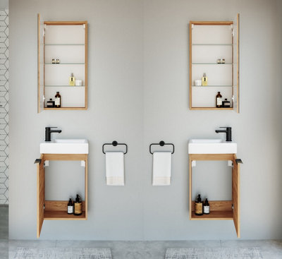 Bathroom Cabinets Set 400mm Vanity Unit Basin Wall Mirror Oak Effect Small Avir