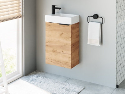 Bathroom Cabinets Set 400mm Vanity Unit Basin Wall Mirror Oak Effect Small Avir