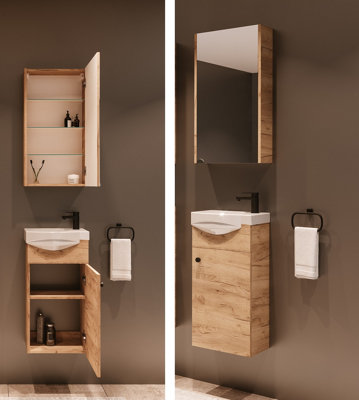 Bathroom Cabinets Set Vanity Unit Basin Mirror Wall Furniture Oak Finish Avir