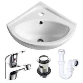 Bathroom Cloakroom Ceramic Compact Small Mini Corner Wash Basin Sink Tap & Trap
