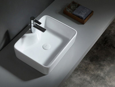 Bathroom Countertop Basin Sink 490mm White Ceramic Rectangle Cloakroom Sit On UP