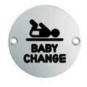 Bathroom Door Baby Change Sign 64mm Fixing Centres 76mm Dia Satin Steel