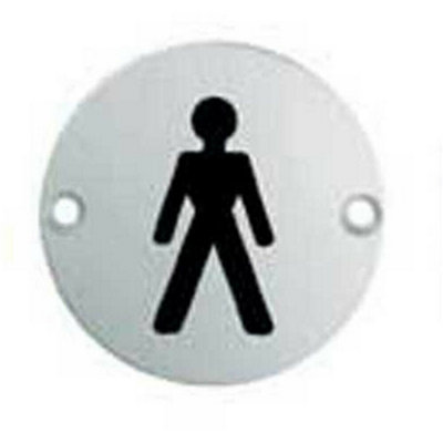 Bathroom Door Male Symbol Sign 64mm Fixing Centres 76mm Dia Polished Steel