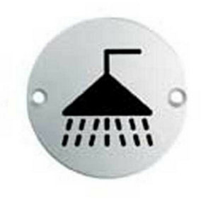 Bathroom Door Shower Symbol Sign 64mm Fixing Centres 76mm Dia Satin Steel