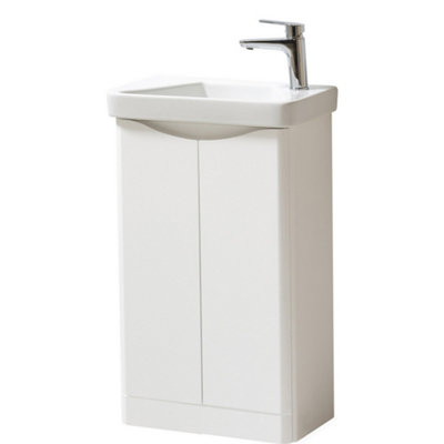 Bathroom Floor Standing 2 Door Cloakroom Unit and Ceramic Basin 500mm Wide - Gloss White - (Arch) - Brassware Not Included