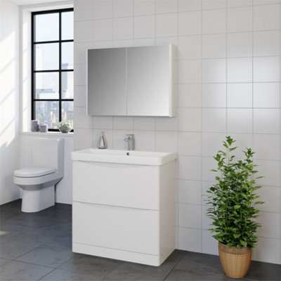 Bathroom Floor Standing 2 Door Cloakroom Unit and Ceramic Basin 500mm Wide - Gloss White - (Arch) - Brassware Not Included