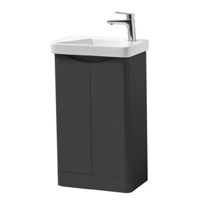 Bathroom Floor Standing 2 Door Cloakroom Unit and Ceramic Basin 500mm Wide - Matt Graphite - (Arch) - Brassware Not Included