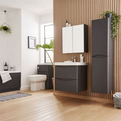 Bathroom Floor Standing 2 Door Cloakroom Unit and Ceramic Basin 500mm Wide - Matt Graphite - (Arch) - Brassware Not Included