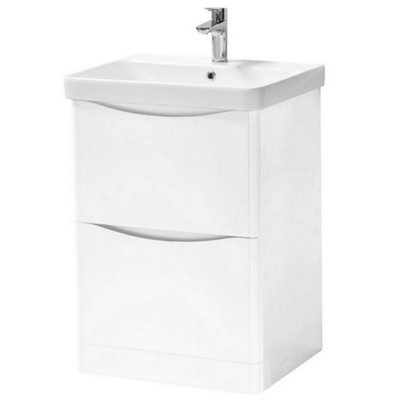 Bathroom Floor Standing 2-Drawer Vanity Unit with Basin 600mm Wide - Gloss White - (Arch) - Brassware Not Included