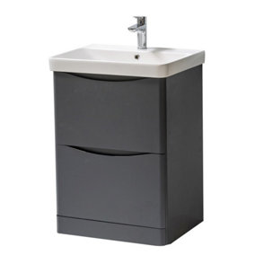 Bathroom Floor Standing 2-Drawer Vanity Unit with Basin 600mm Wide - Matt Graphite - (Arch) - Brassware Not Included