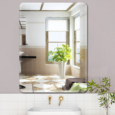 Bathroom Frameless Rounded Corner Vanity Mirror, Stickable or Hangable ...