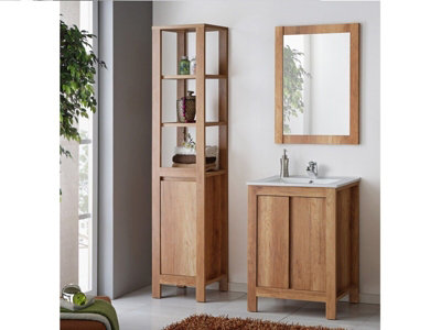 Bathroom Furniture Set: 600 Sink Vanity, Mirror, Freestanding Storage Cabinet Oak Effect Classic