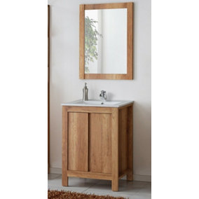 Bathroom Furniture Set: 600 Vanity Sink Freestanding Unit with Wall Mirror Oak Effect Classic