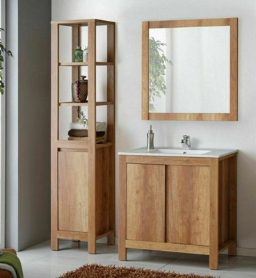 Bathroom Furniture Set: 800 Sink Vanity, Mirror, Freestanding Storage Cabinet Oak Effect Classic