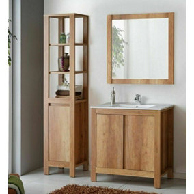 Bathroom Furniture Set: 800 Sink Vanity, Mirror, Freestanding Storage Cabinet Oak Effect Classic